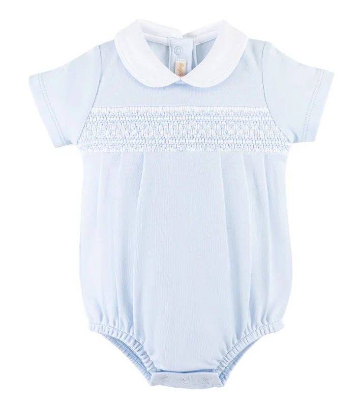 Baby Club Chic - Blue Hand Smocked Bubble w/ Round Collar