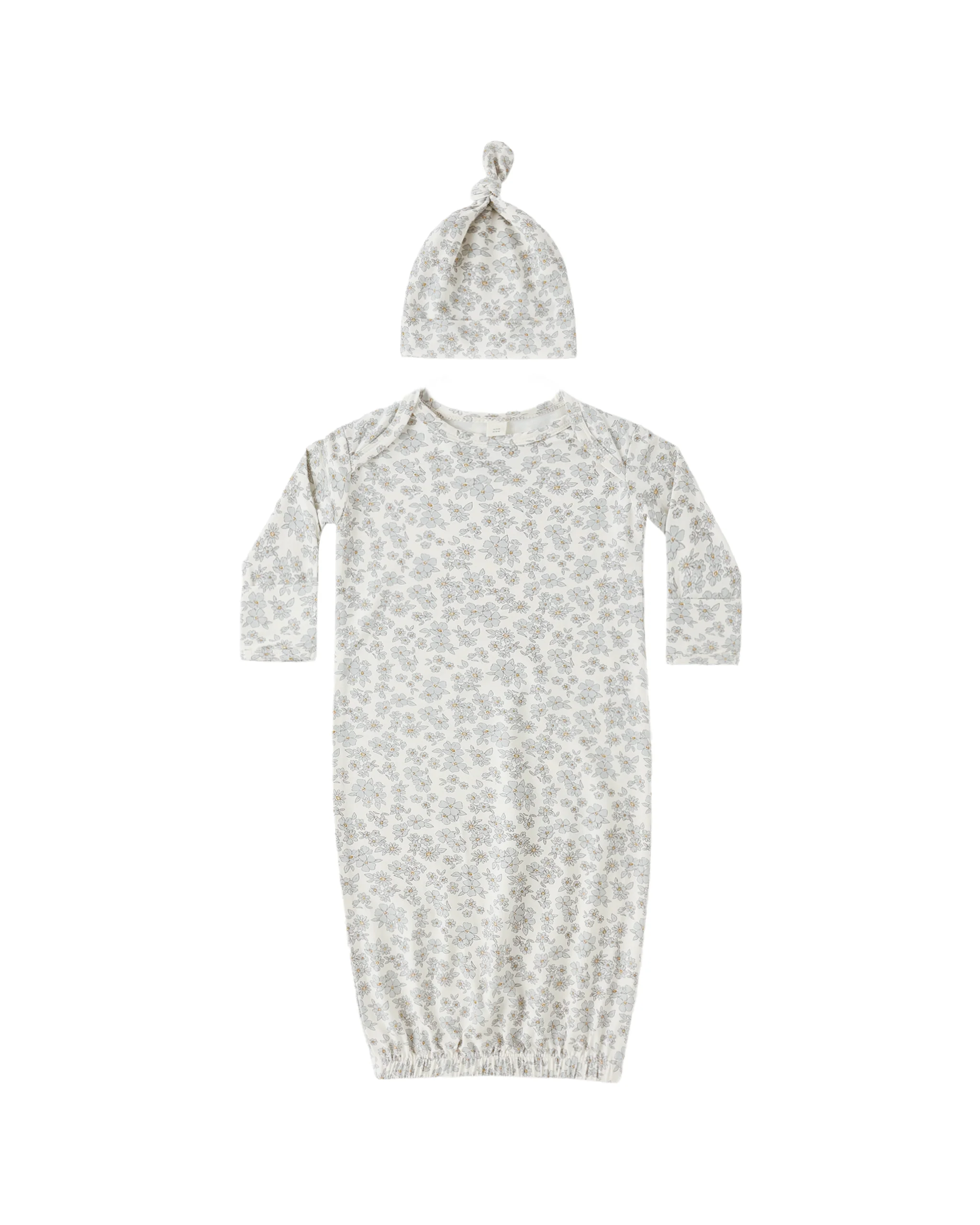 Blue Floral Bamboo Baby Gown + Hat Set