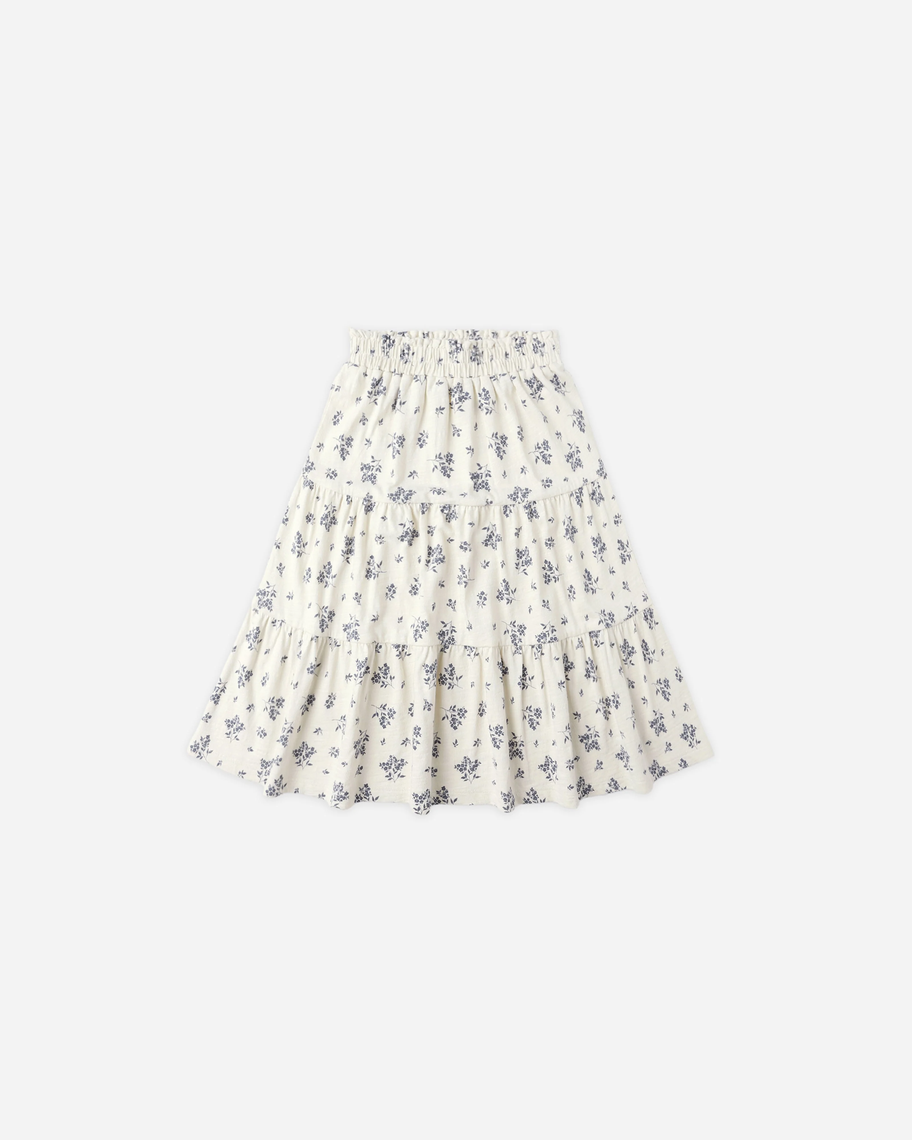 Blue Floral Ruffled Tiered Midi Skirt