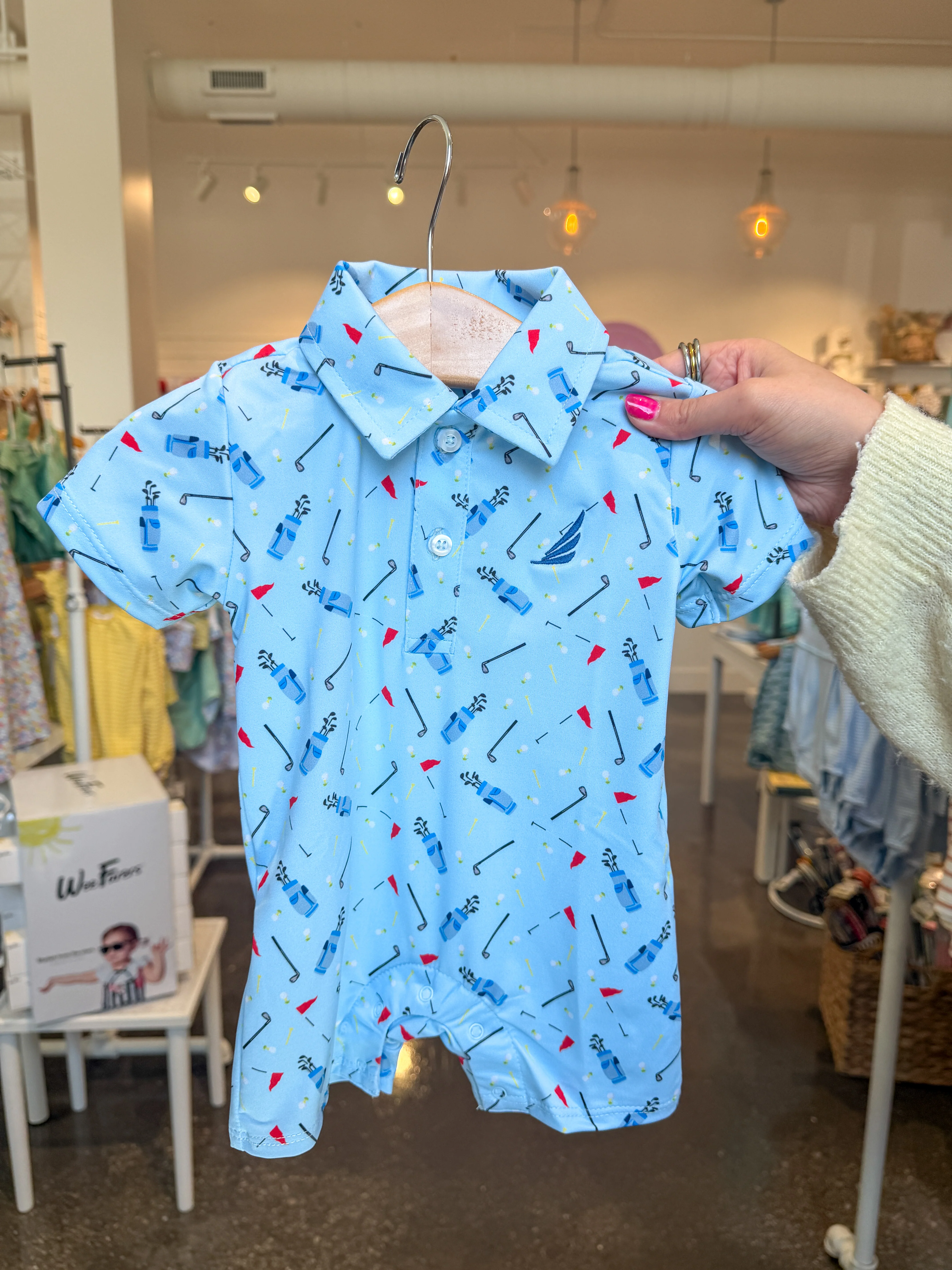 Blue Golf Bag Print Banks Performance Polo Romper