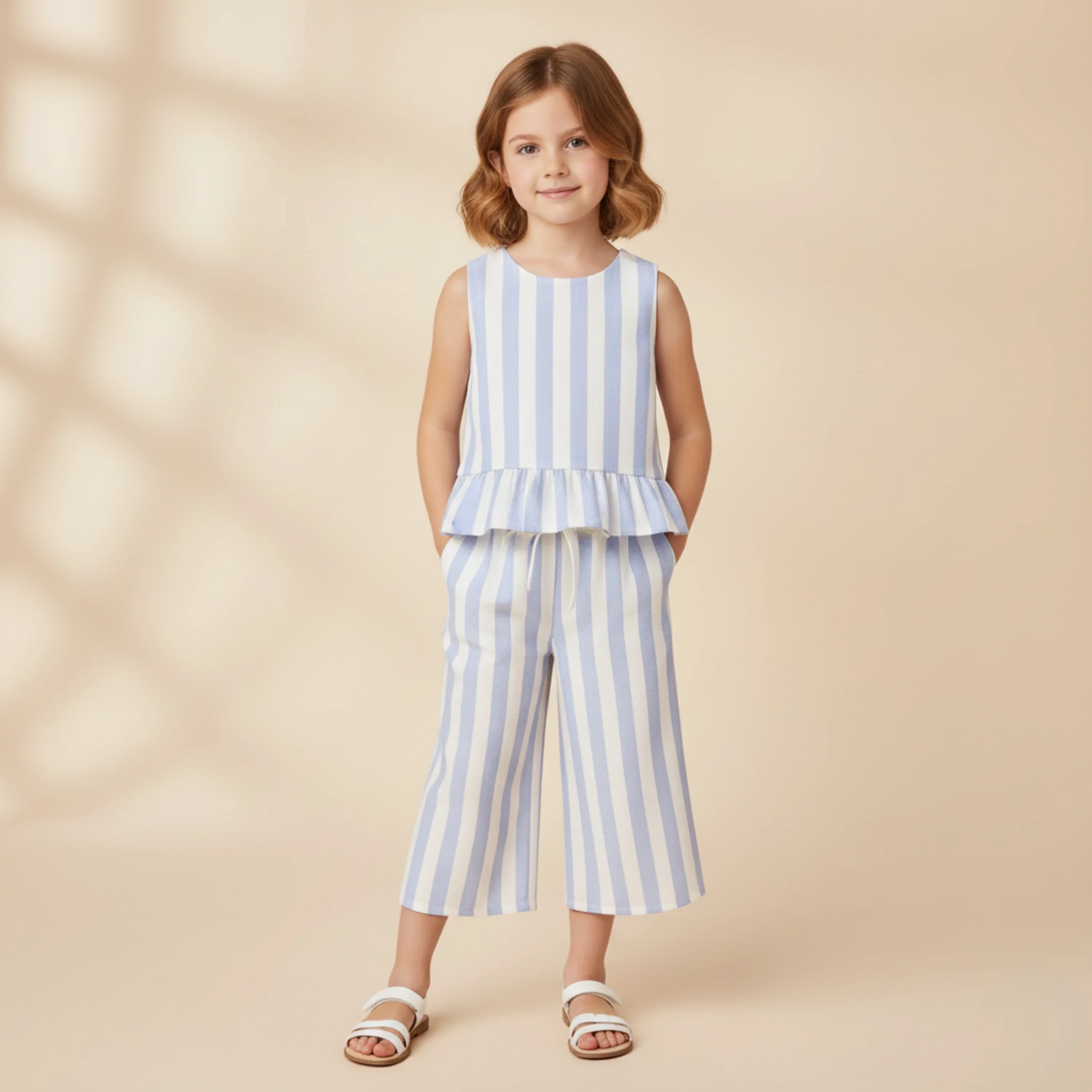 Blue Stripes Organic Ruffle Top & Pants Set - Image 4