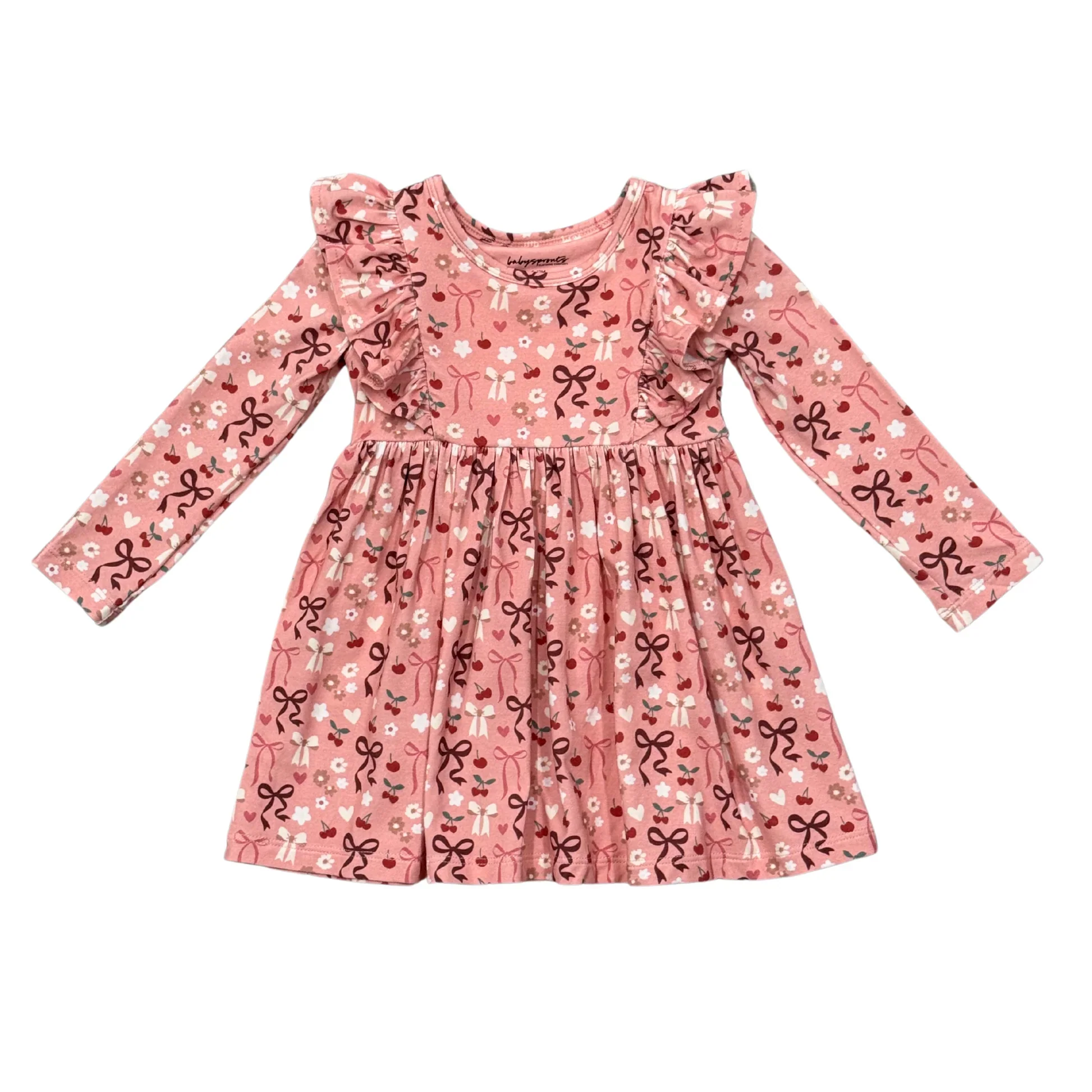 Cherry Hearts Long Sleeve Ruffle Dress