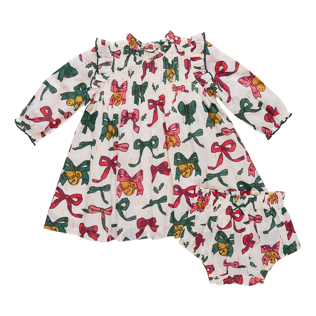 Christmas Bows and Bells Baby Girls Jaipur Dress Set
