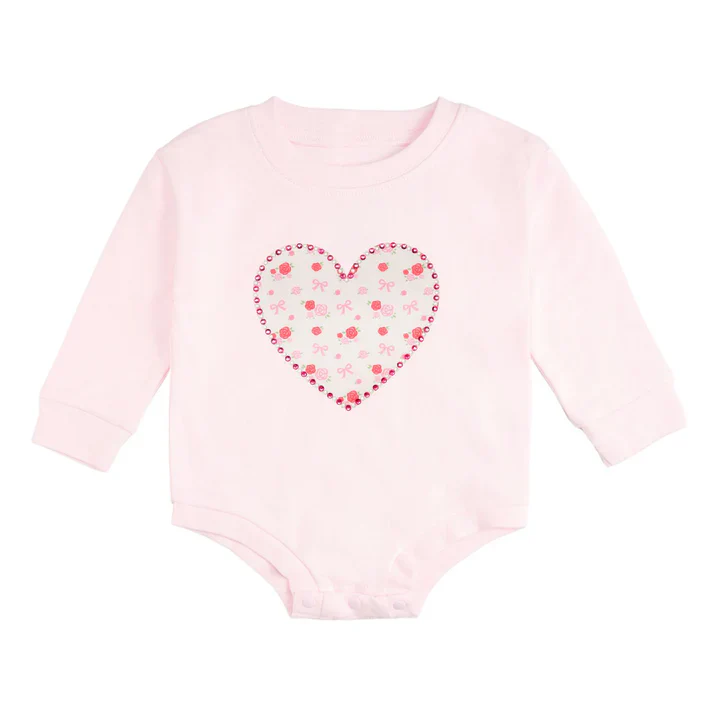 Dainty Rose Pearl Heart Patch Long Sleeve Romper - Ballet