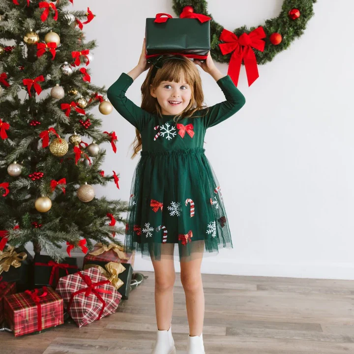 Emerald Candy Cane Sequin Christmas Long Sleeve Tutu Dress - Image 3