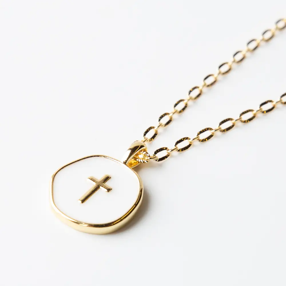 Faith Over Fear White Enamel Cross Pendant On Gold Chain - Image 2