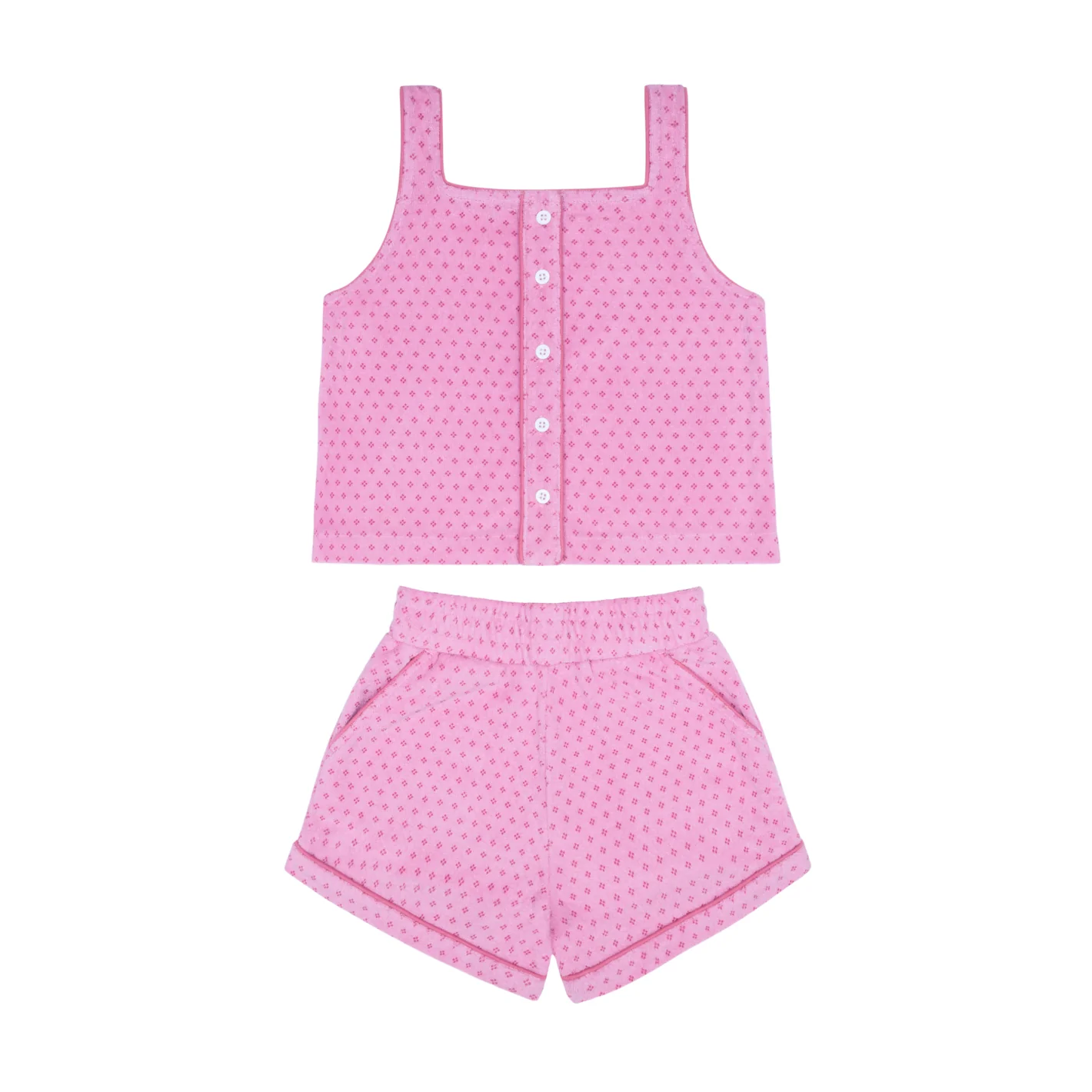 girls blush dot french terry button tank and short set