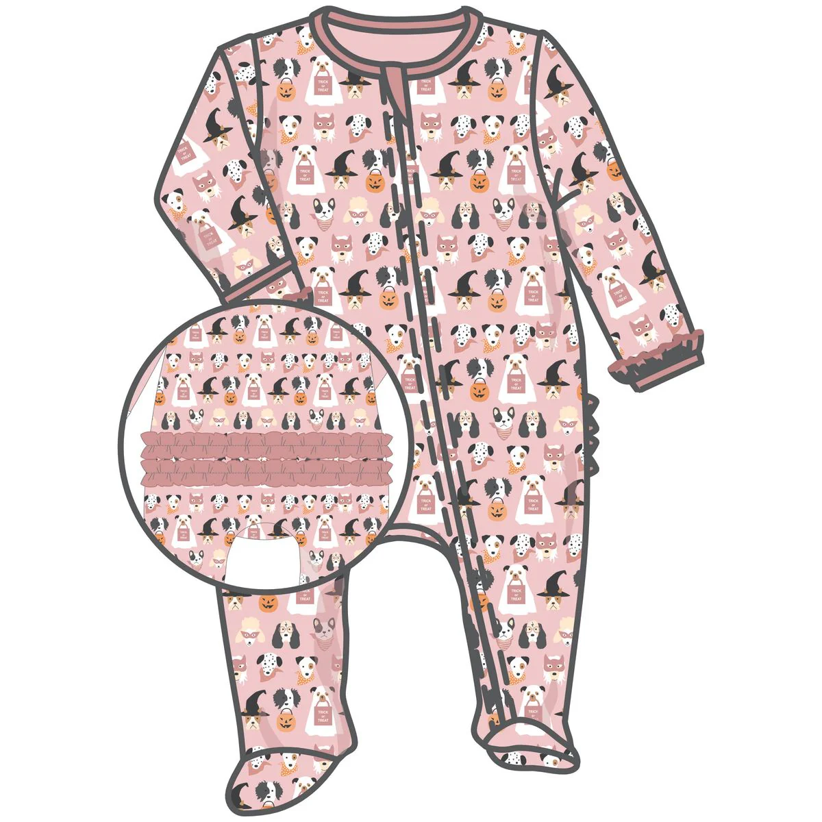 Halloween Hounds Dusty Rose Ruffle Zipper Footie - Image 4