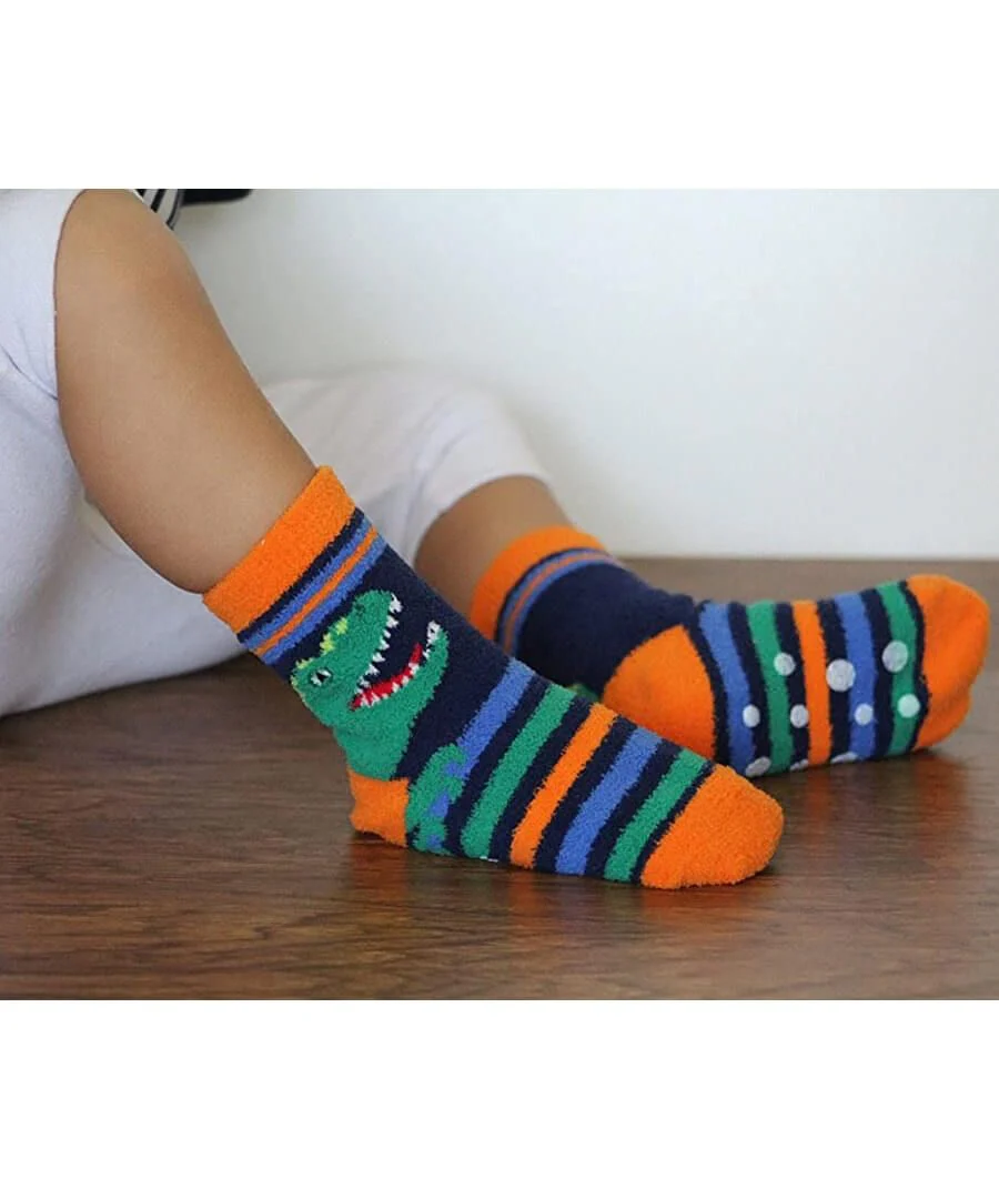 Jefferies Socks - Dinosaur and Shark Fuzzy Slipper Socks 2 Pair Pack - Image 2