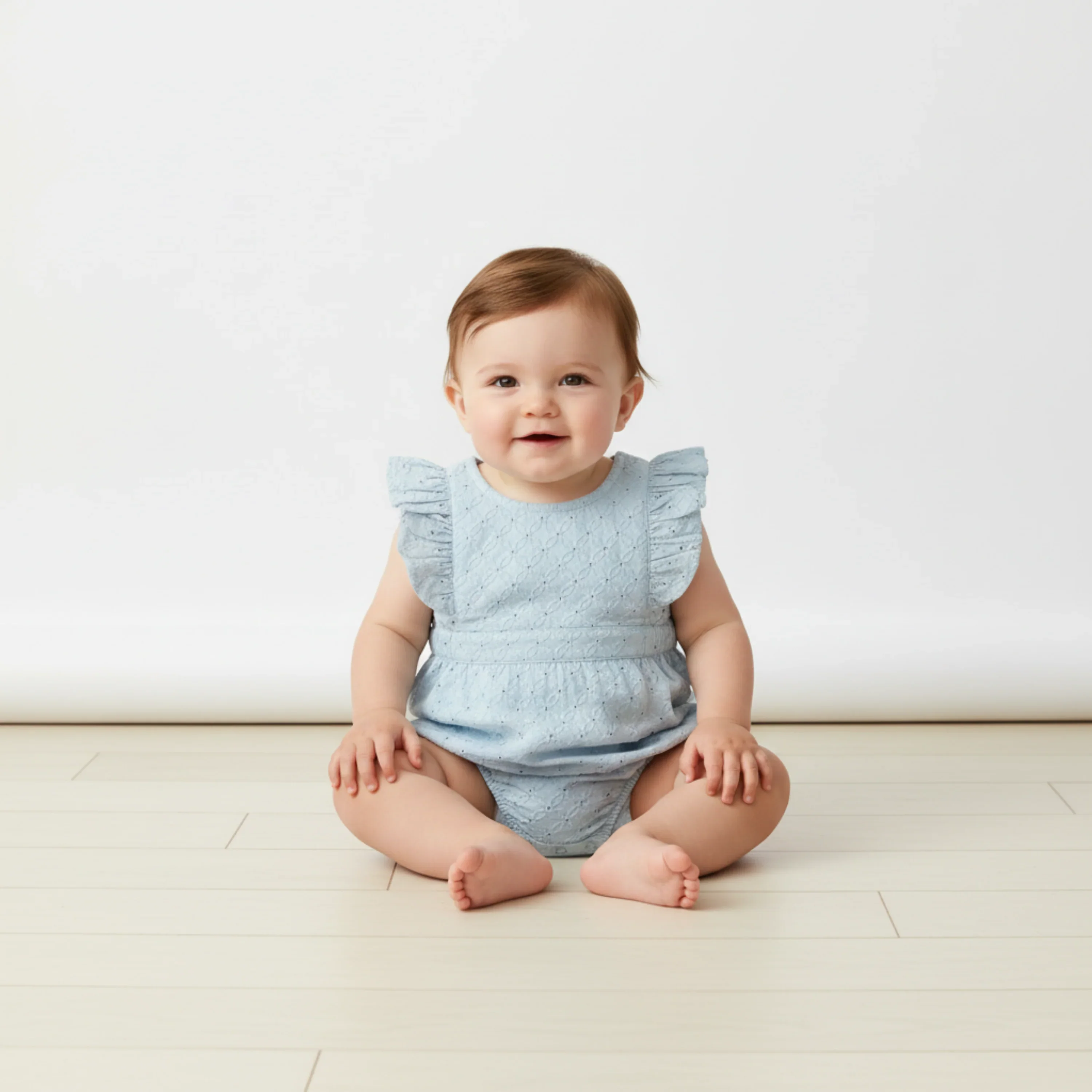 Light Blue Eyelet Organic Eyelet Flutter Romper - Image 2