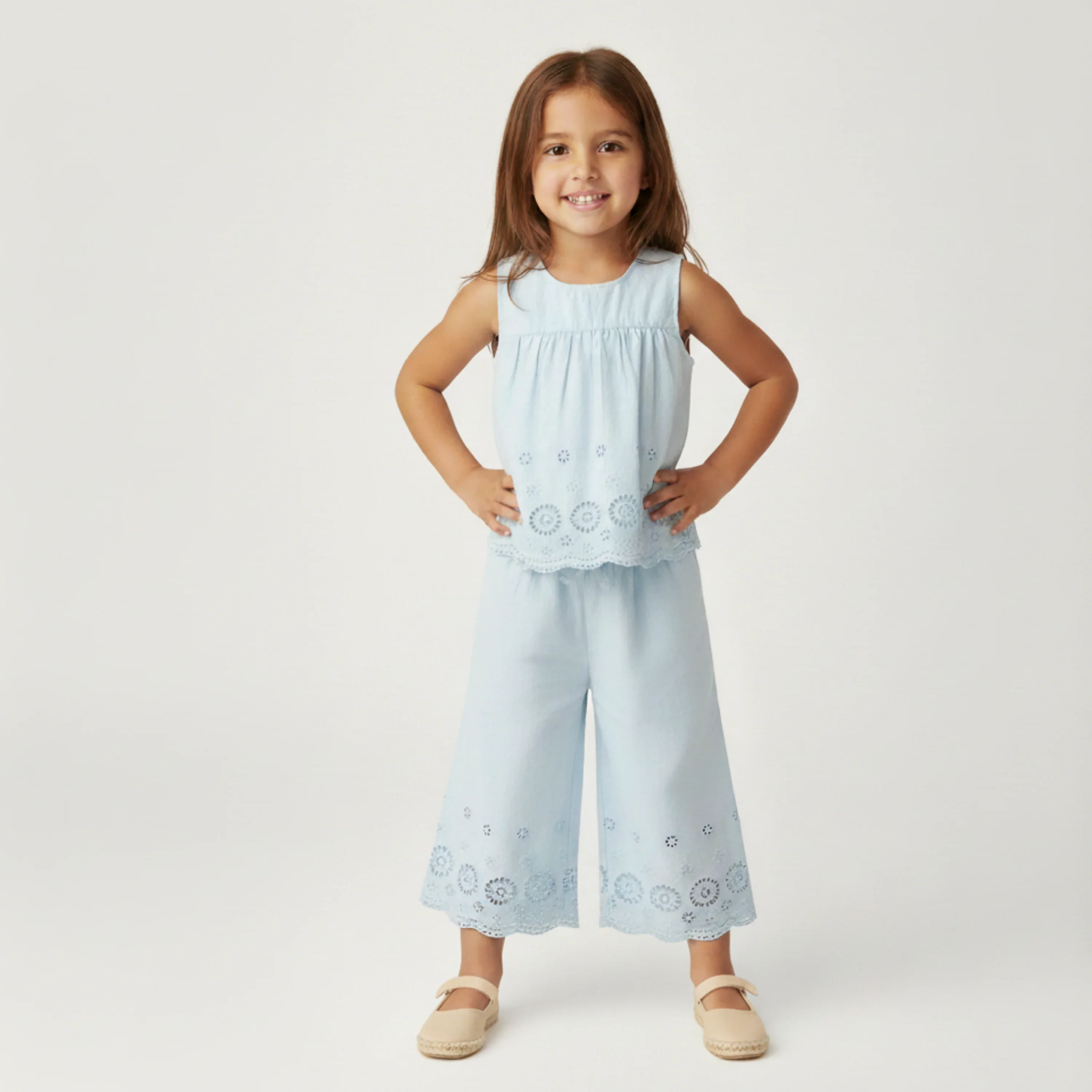Light Blue Eyelet Organic Eyelet Top And Pant Set - Image 2