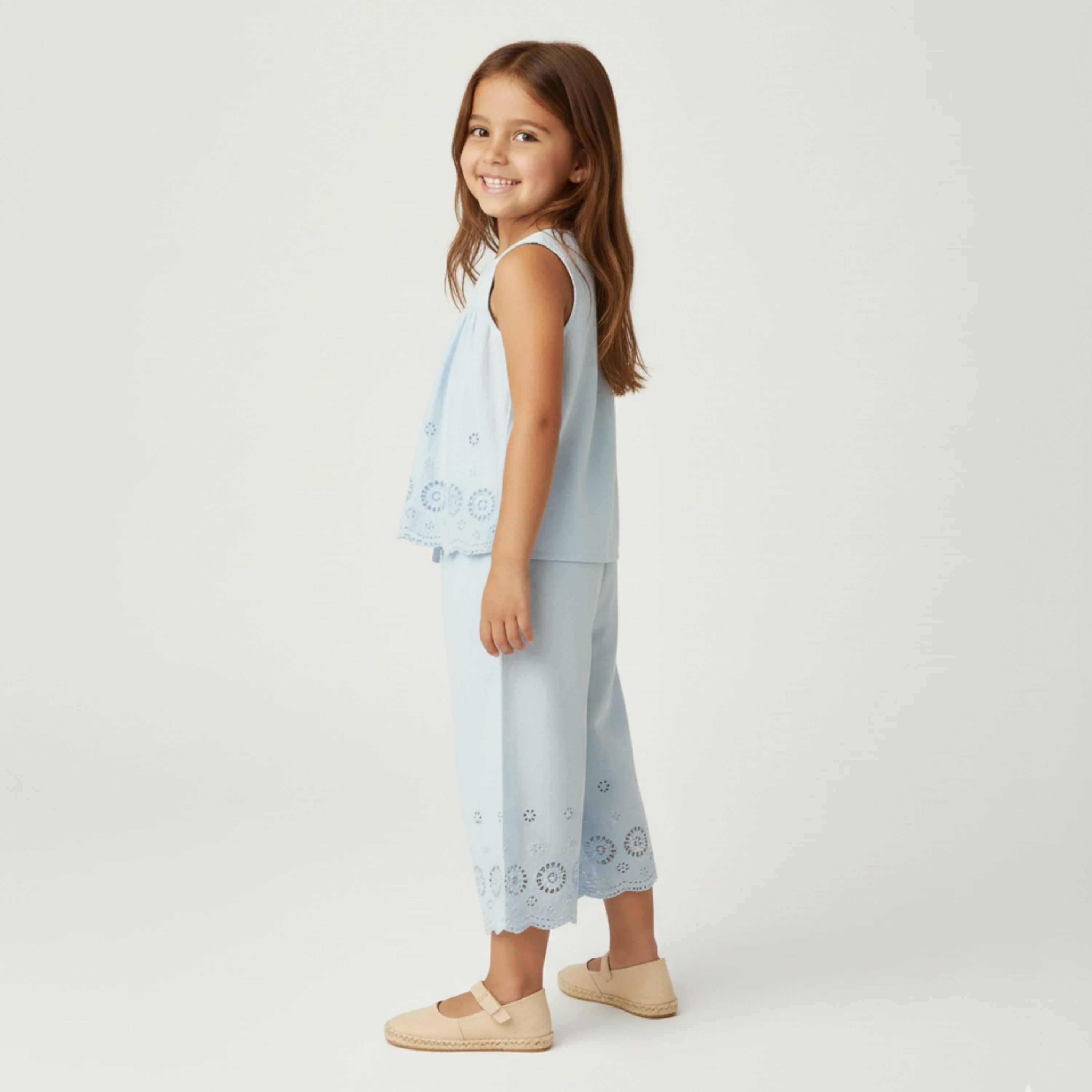 Light Blue Eyelet Organic Eyelet Top And Pant Set - Image 3