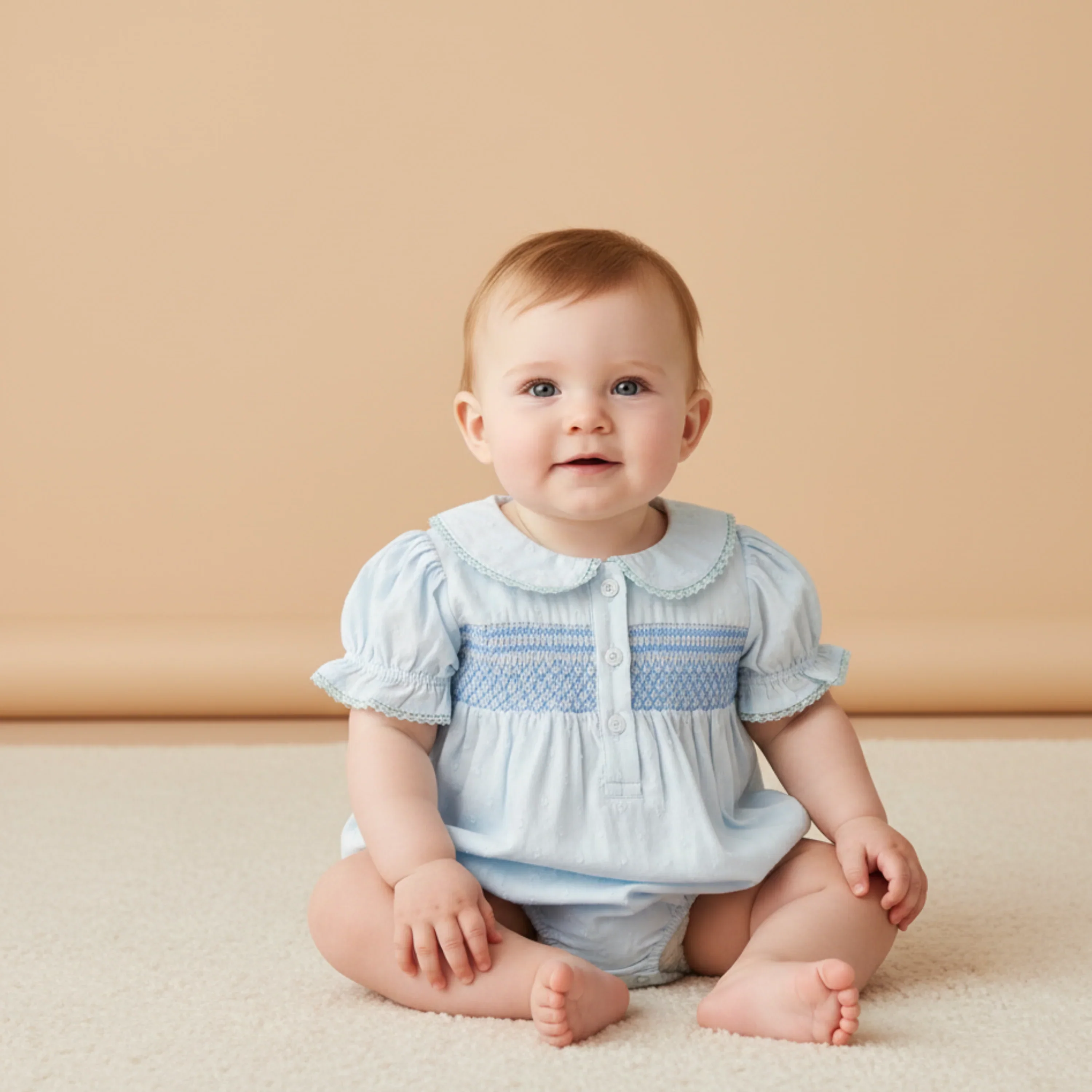 Light Blue Organic Smocked Button Romper - Image 2
