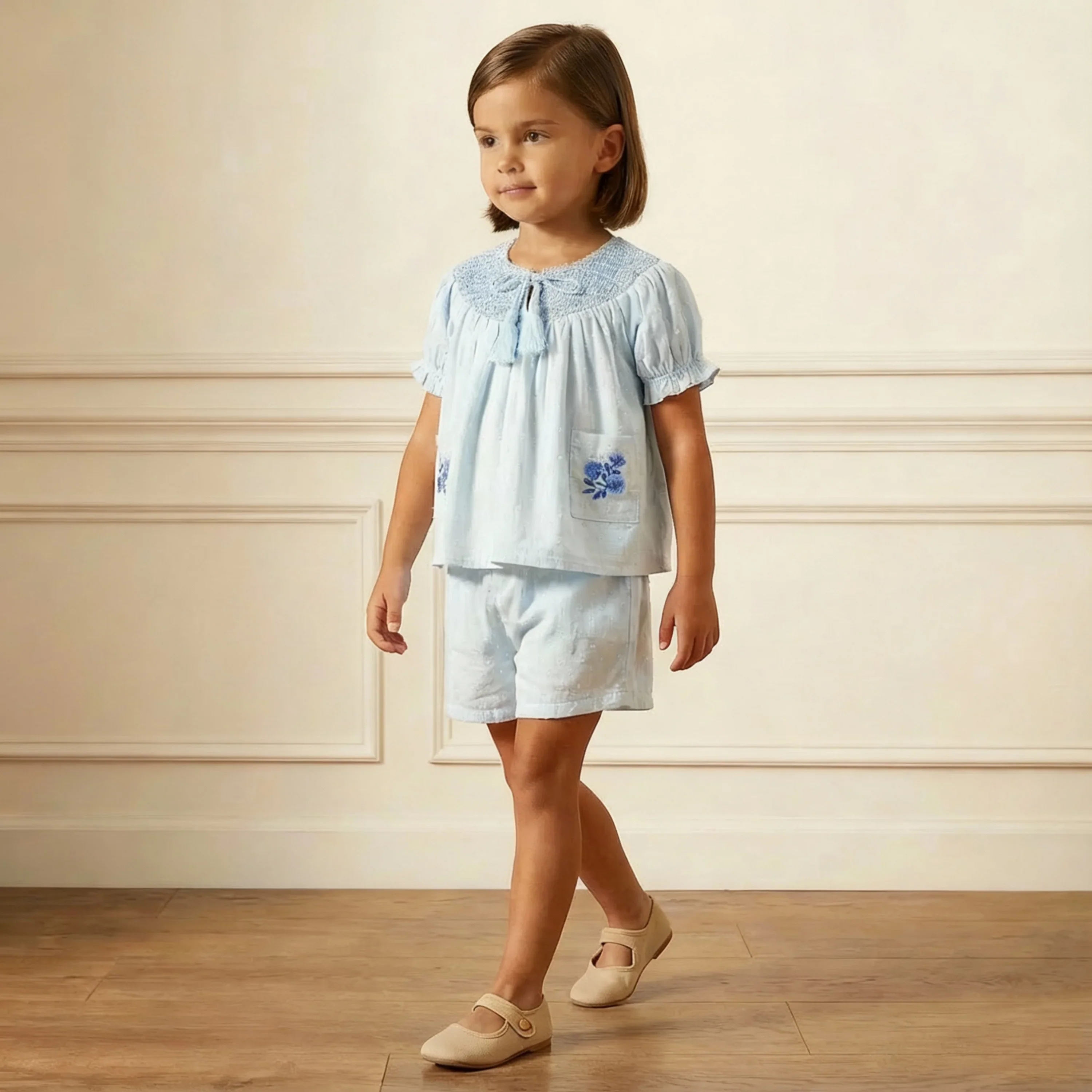 Light Blue Organic Smocked Top & Shorts Set - Image 2