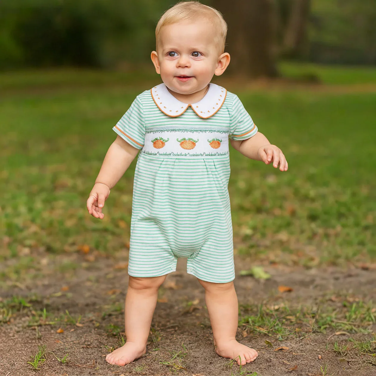 Lil' Pumpkin Classics Celery Smocked Short Playsuit - Image 2