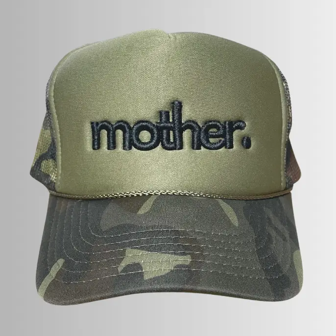 "Mother." Embroidered Trucker Hat - Olive + Camo