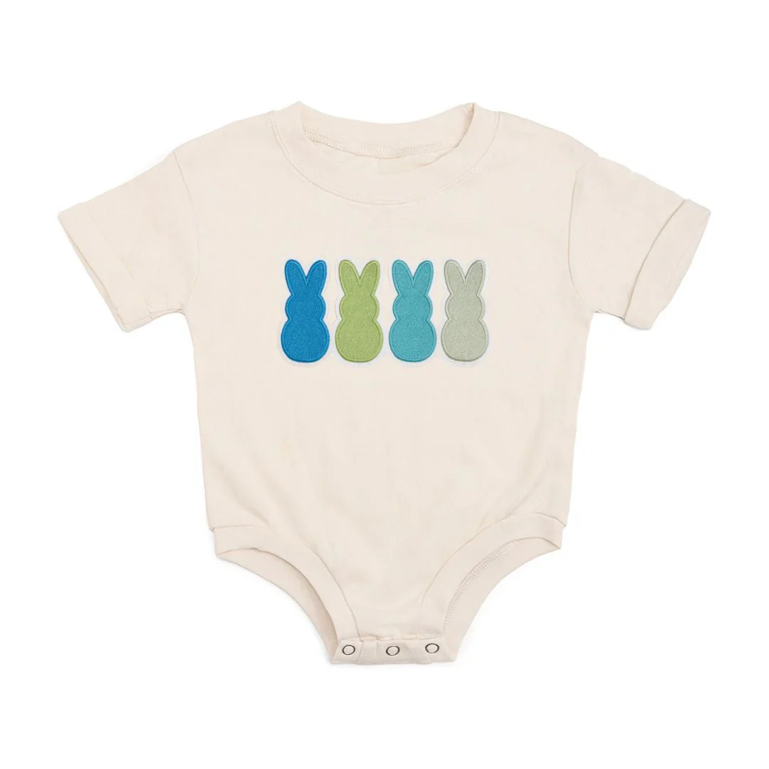 Natural Peeps Embroidered Patch Easter Short Sleeve Romper