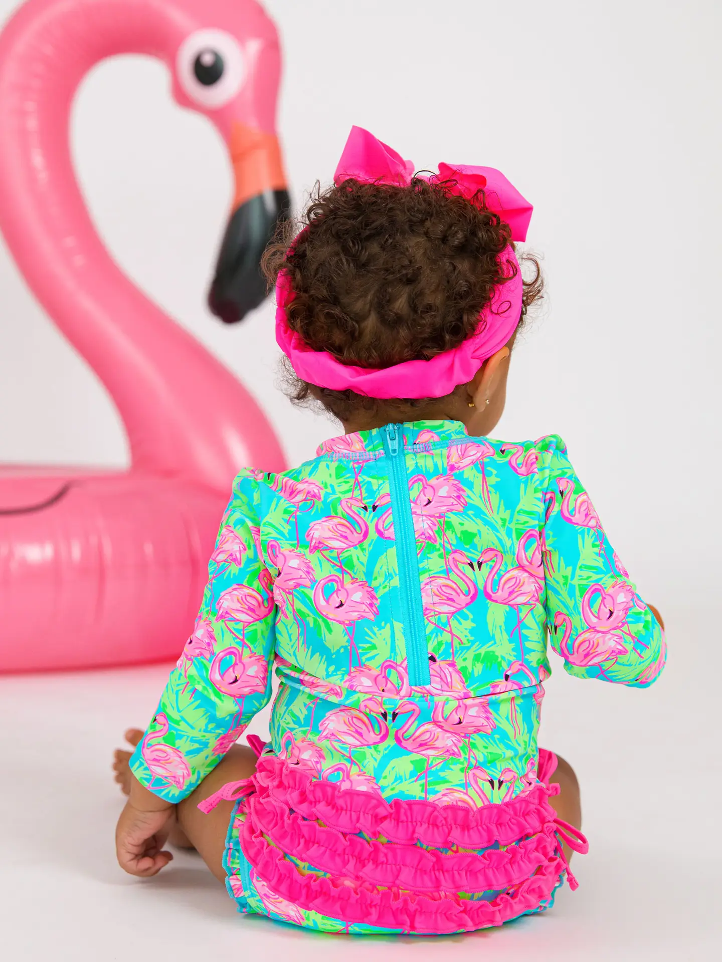 Neon Flamingo Fun Long Sleeve One Piece Rash Guard Swimsuit - Image 4