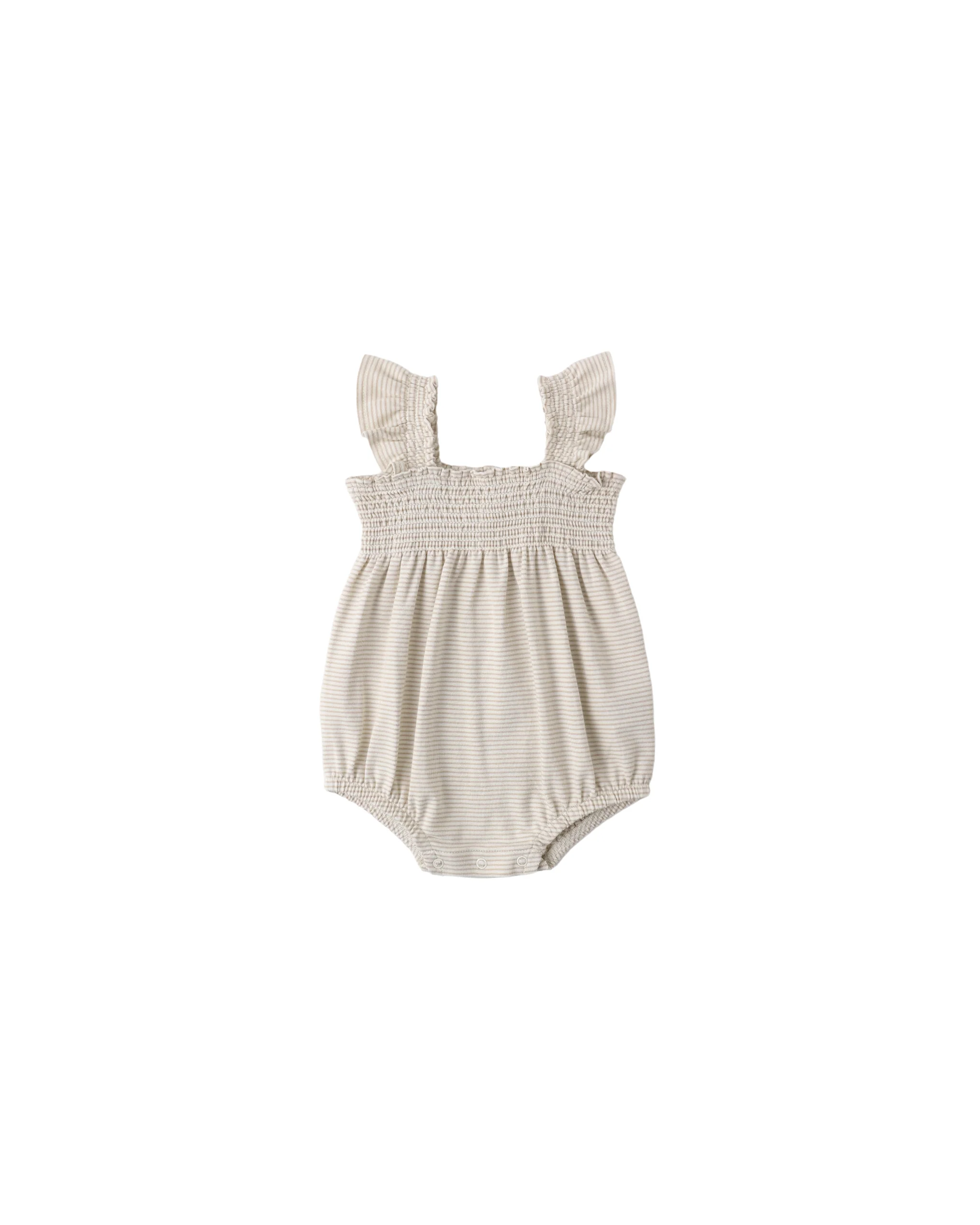 Oat Micro Stripe Smocked Ruffle Sleeve Romper