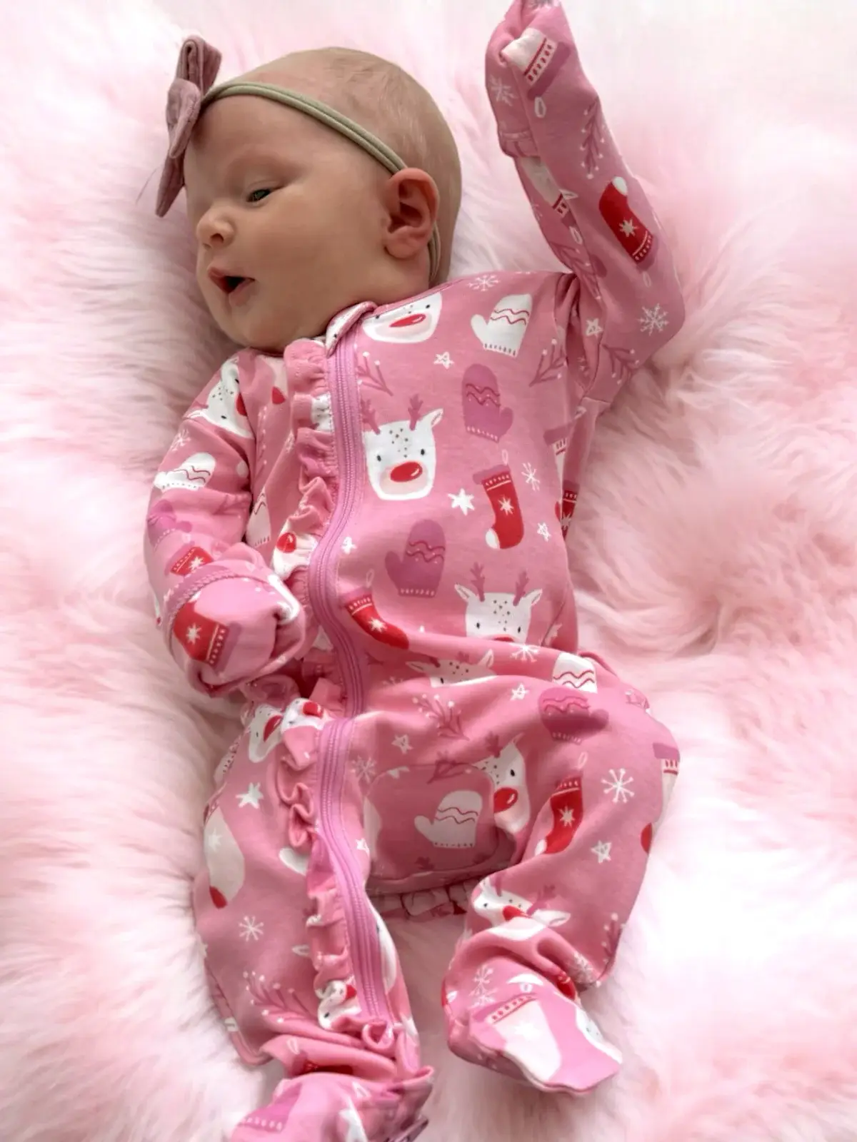 Reindeer Pink / Organic Frill Zip Footie - Image 2