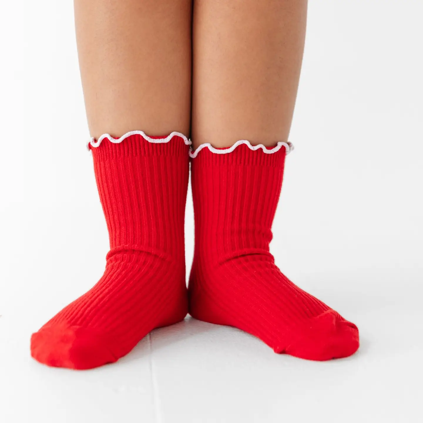 Ribbed Lettuce Trim Midi Socks - Red/White - Image 2