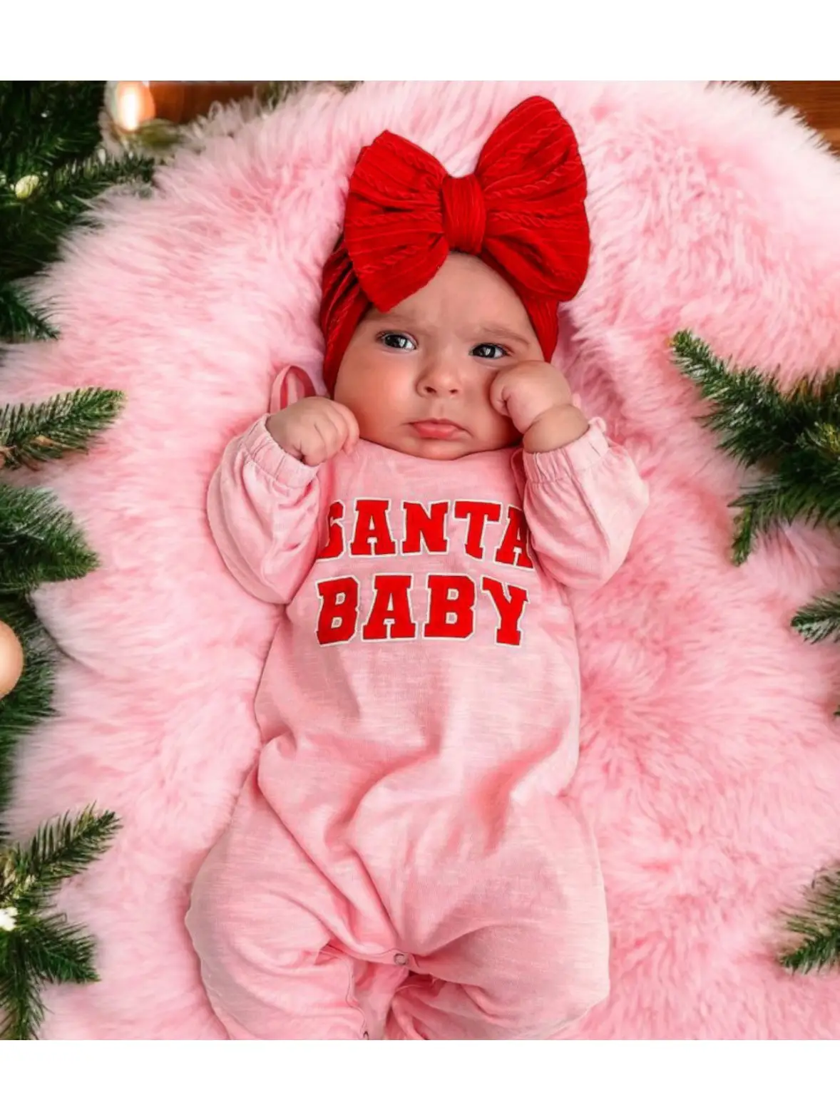 Santa Baby Pink / Organic Long Sleeve Ruffle Jumpsuit - Image 2