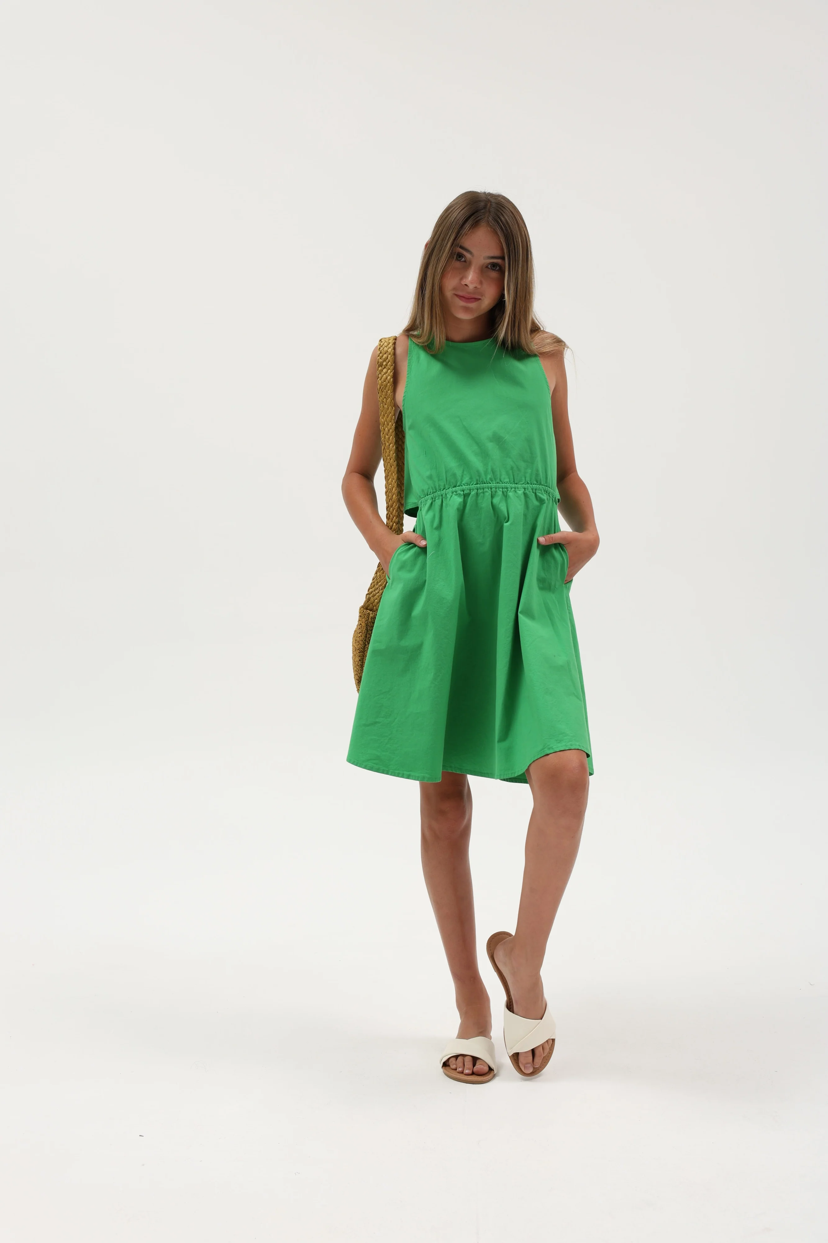 Seaweed Poplin Peek-A-Boo Tie Back Dress