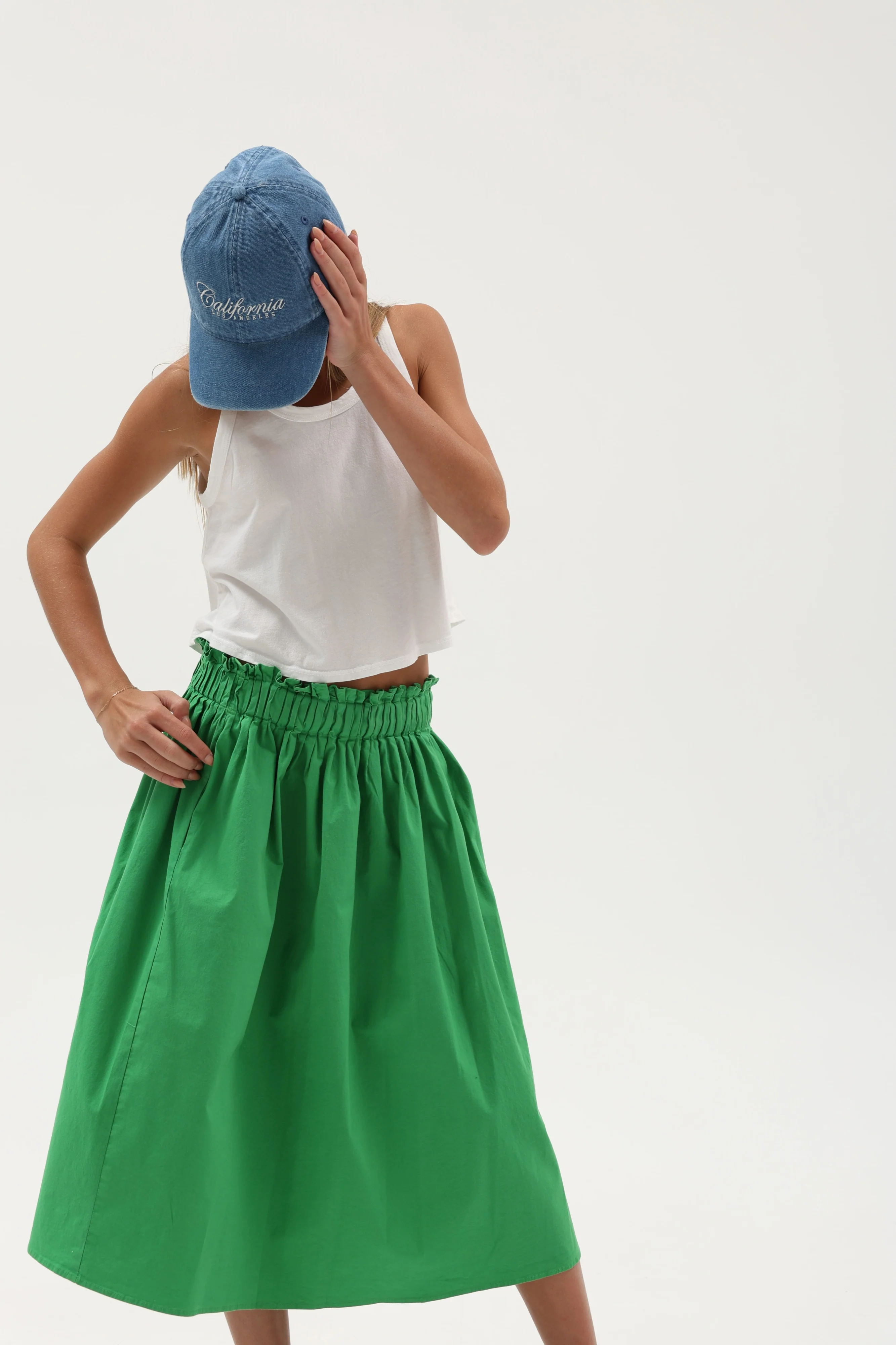 Seaweed Poplin Pintuck Waist Pocket Midi Skirt