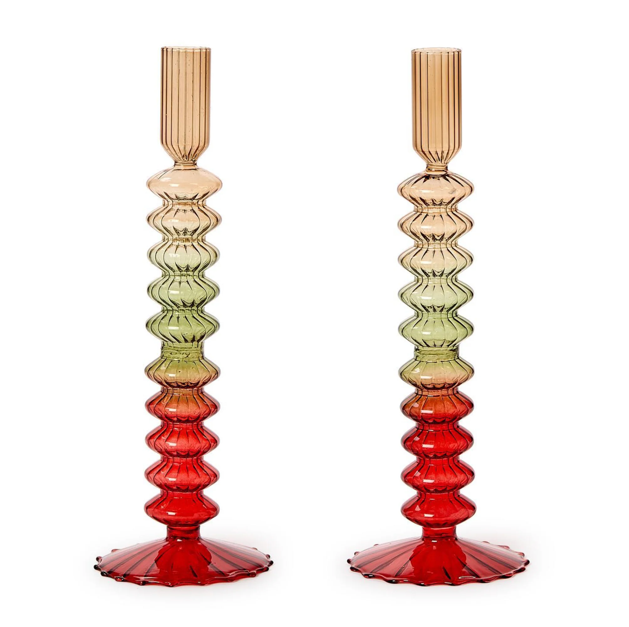 Set of 2 Holiday Ombre Hand-Blown Glass Candlesticks - Image 2