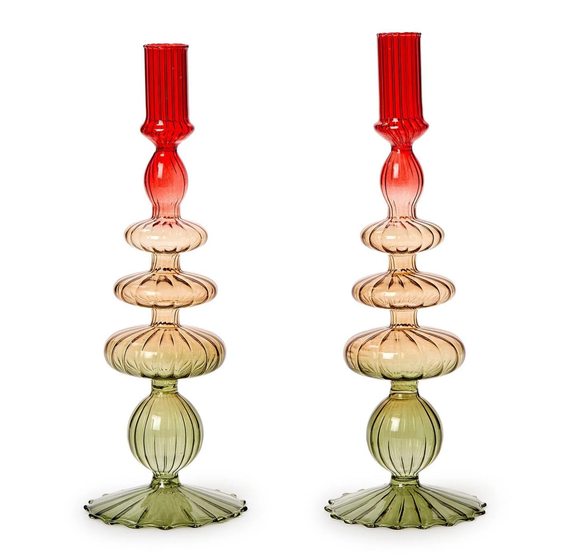 Set of 2 Holiday Ombre Hand-Blown Glass Candlesticks - Image 3