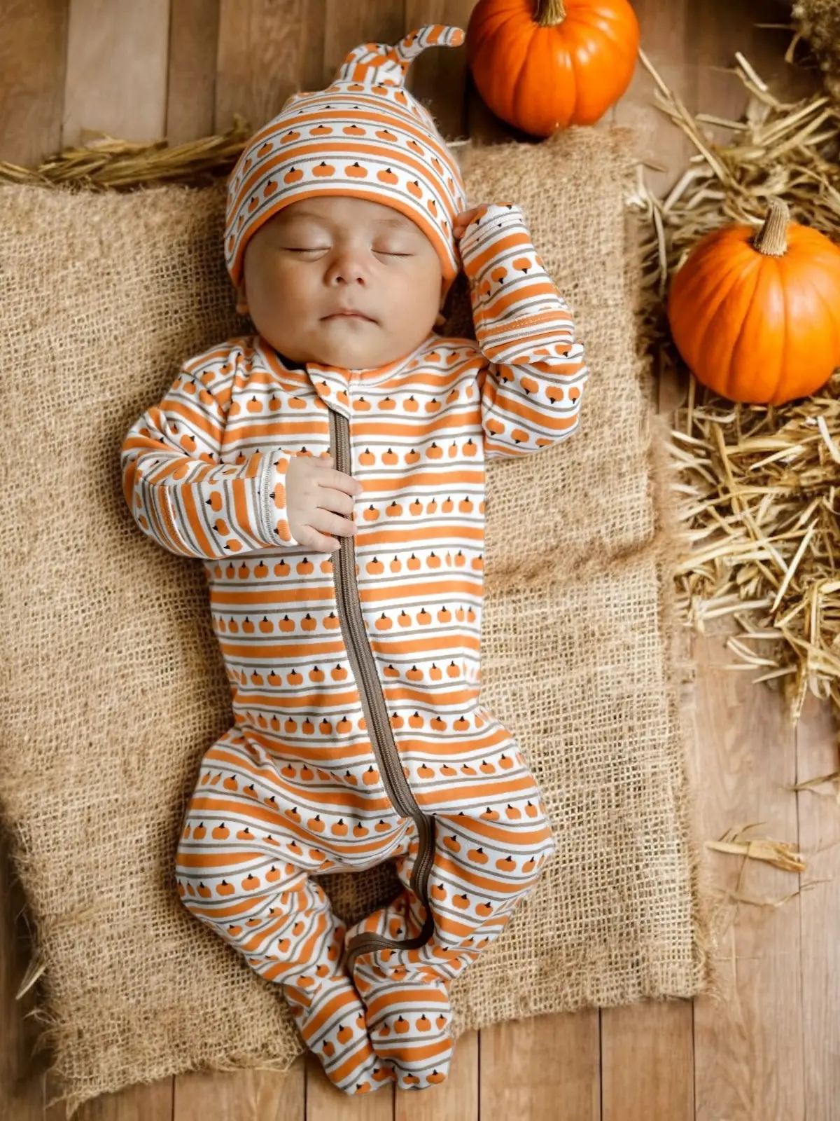 SIIX Collection - Pumpkin Stripe Organic Zip Footie - Image 2
