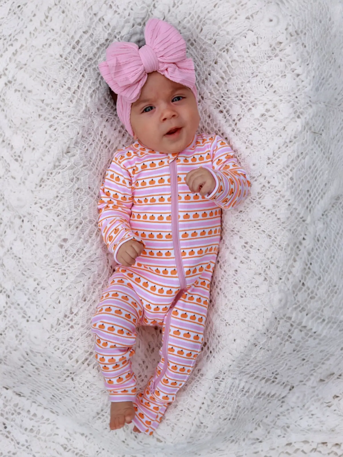 SIIX Collection - Pumpkin Stripe Pink Organic 2 Way Zip Romper - Image 2