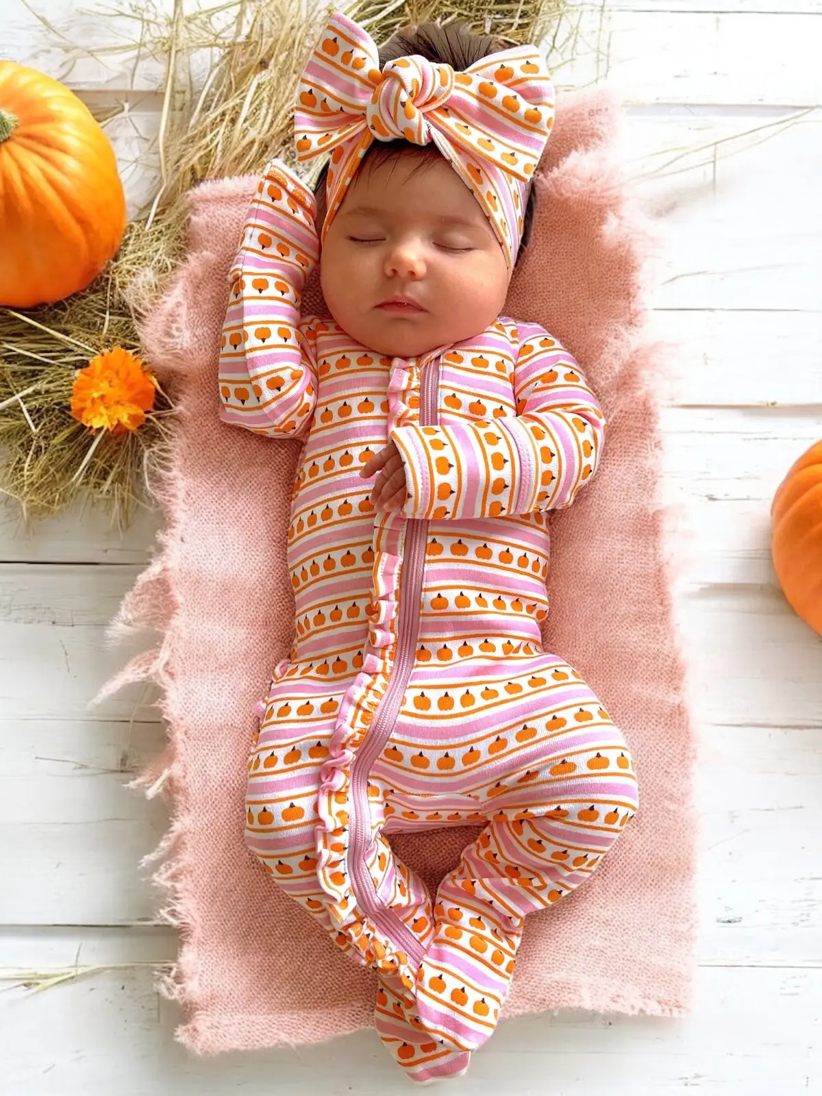 SIIX Collection - Pumpkin Stripe Pink Organic Frill Zip Footie - Image 2