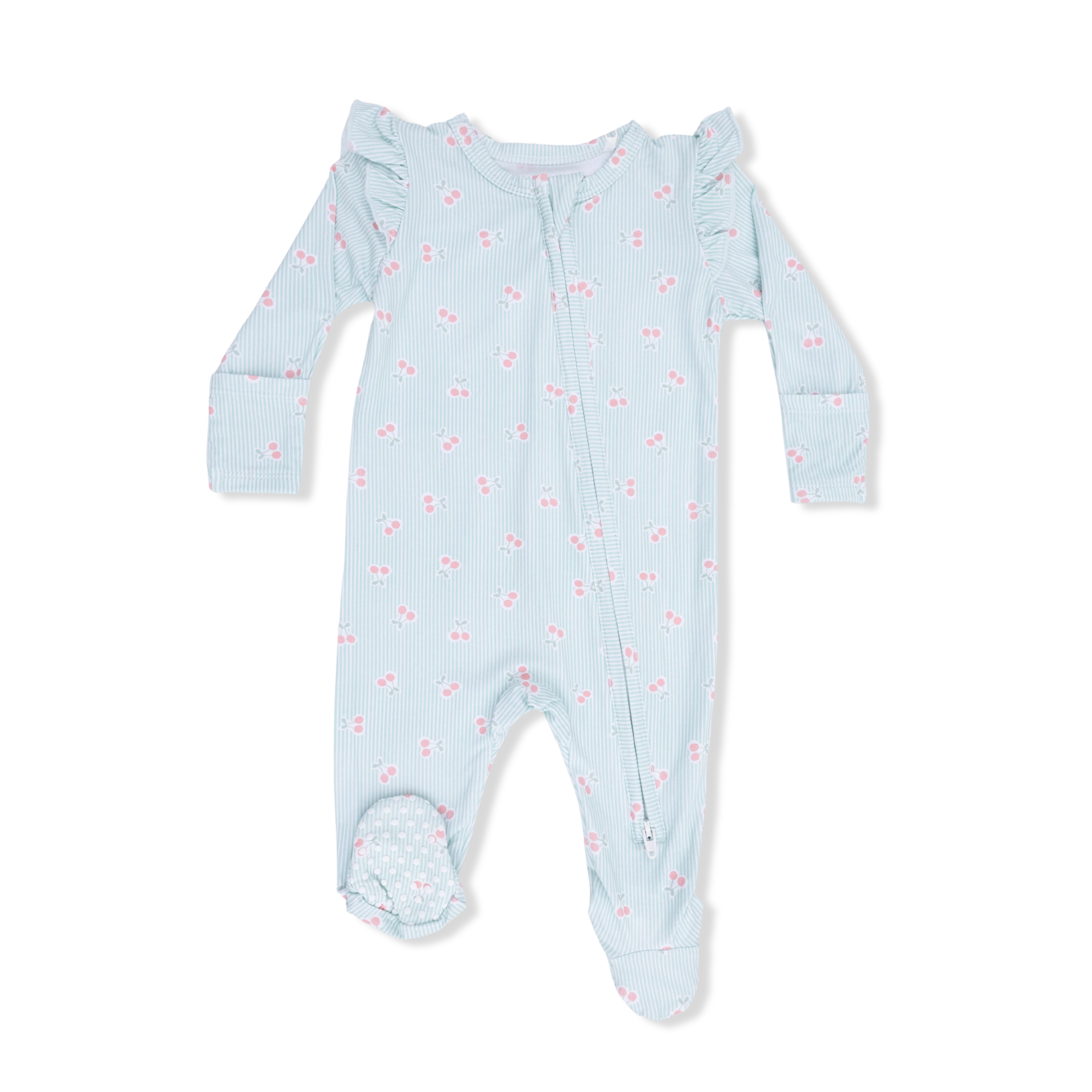 Tiny Cherry Stripe Ruffle Zip Footie