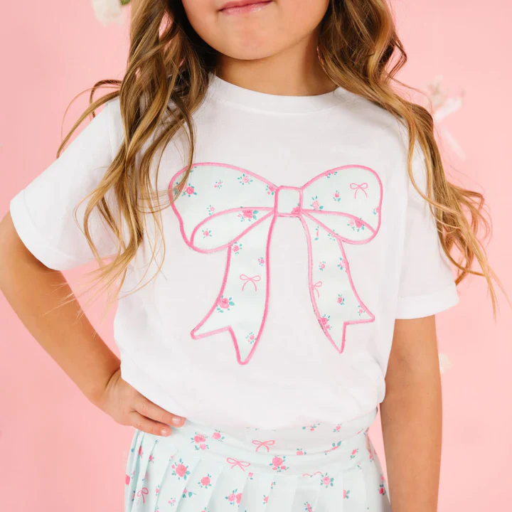 White Sky Blue Floral Bow Patch Short Sleeve T-Shirt - Image 2