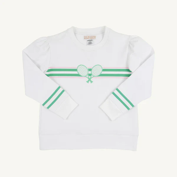 Worth Avenue White Tennis Racquets Puff Sleeve Cassidy Comfy Crewneck